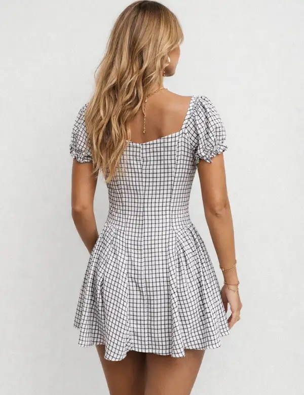 Romantic Gingham Square Neck Flared Mini Dress