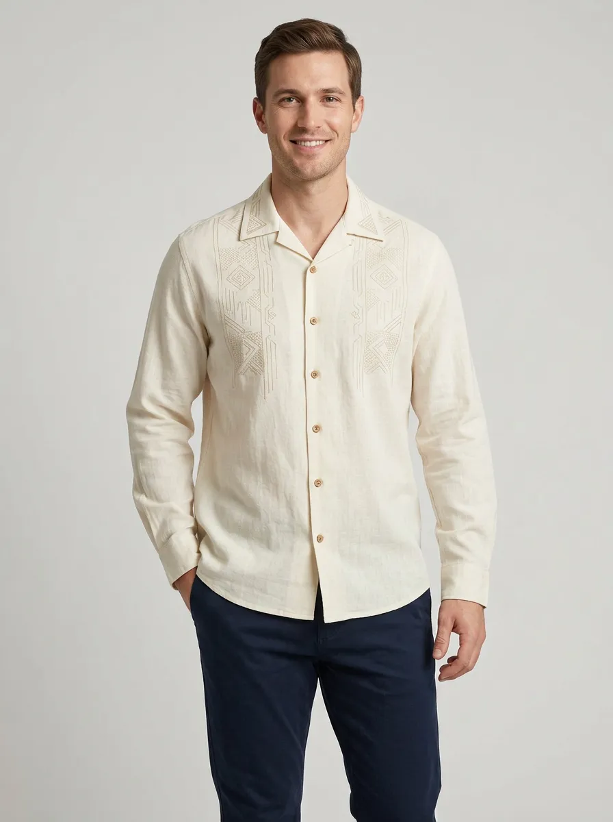 Men's Vintage Inspired Geometric Embroidered Long Sleeve Shirt