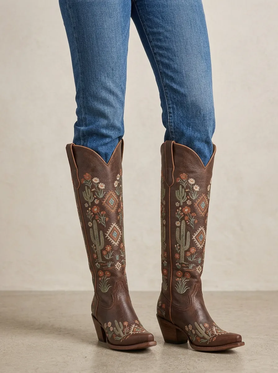 Women's Western Cactus Floral Geometric Embroidered Piped Pointed-Toe Denim Over-the-Knee Boots