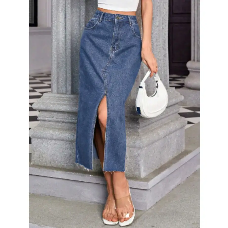 Relaxed Slit Midi Denim Skirt with Pockets