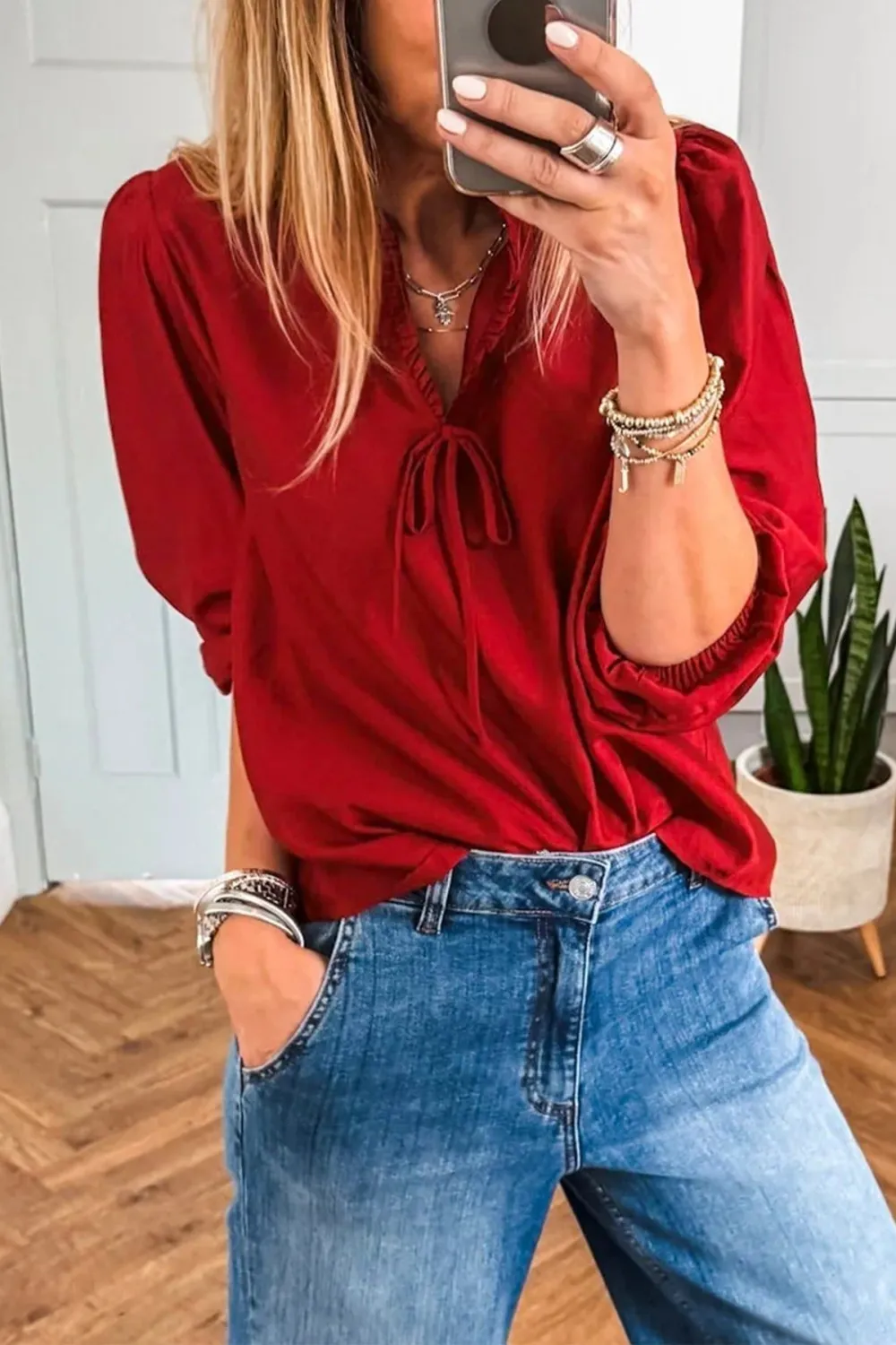 Frilled Bow Detail V-Neck Blouse