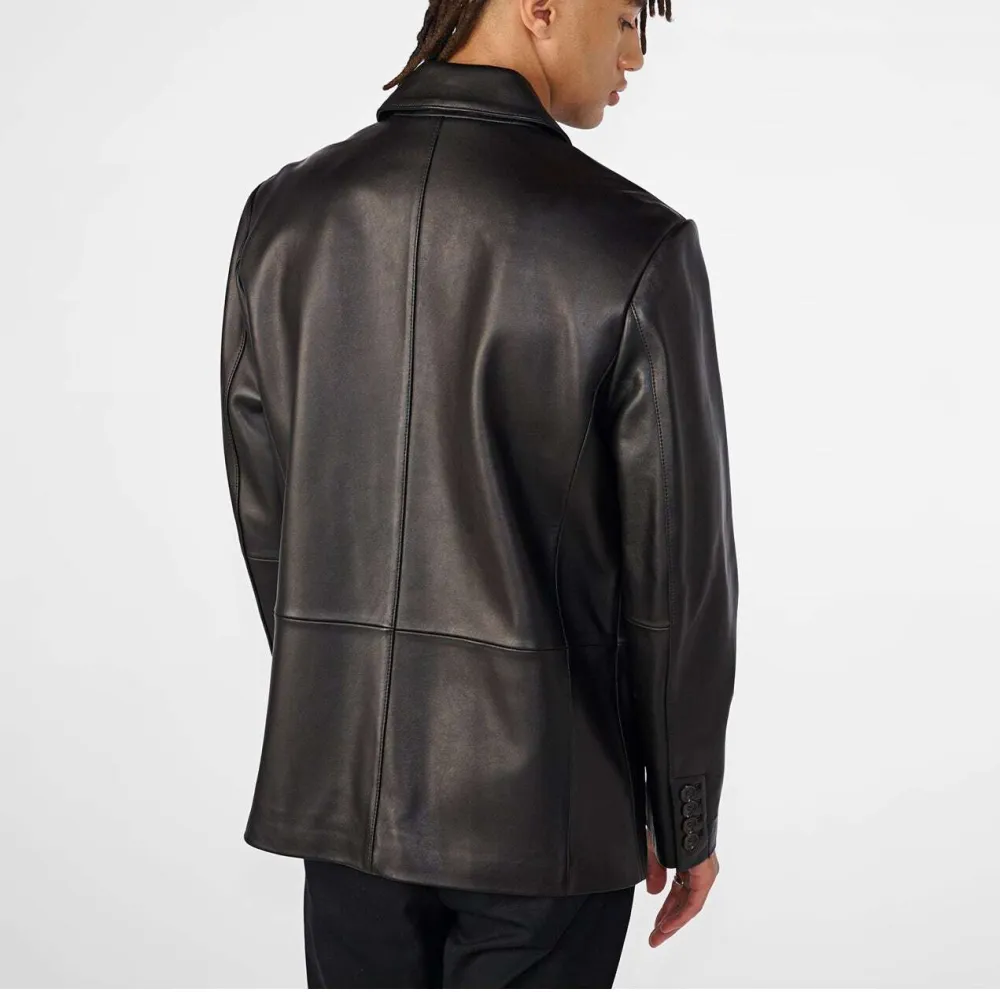 Casual Structured Notched Lapel Leather Blazer