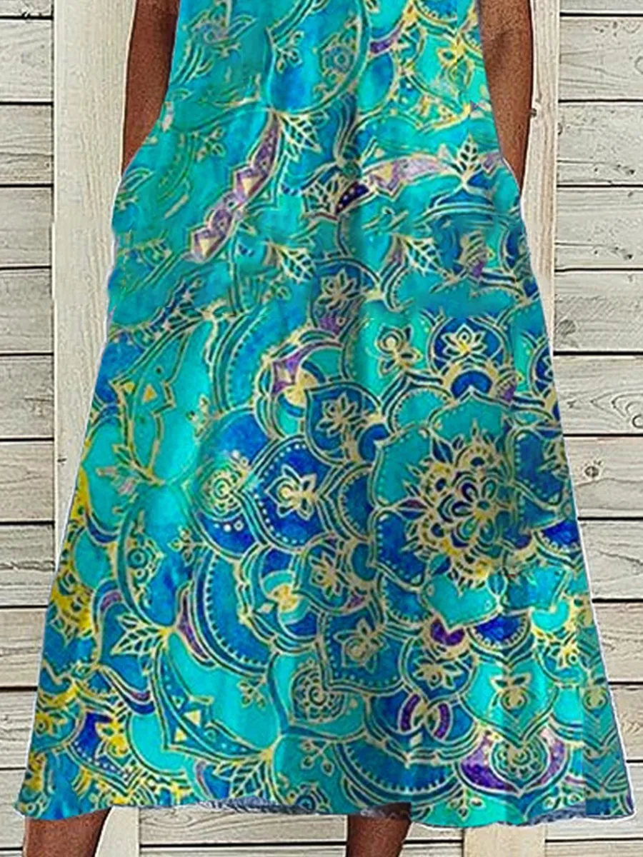 Vintage Print Pocket V-Neck Sleeveless Midi Dress