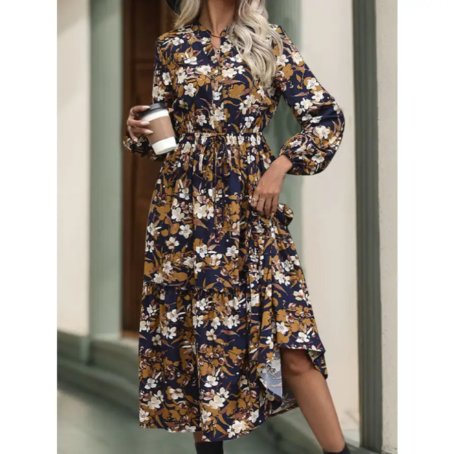 Notched Long Sleeve Midi Dress