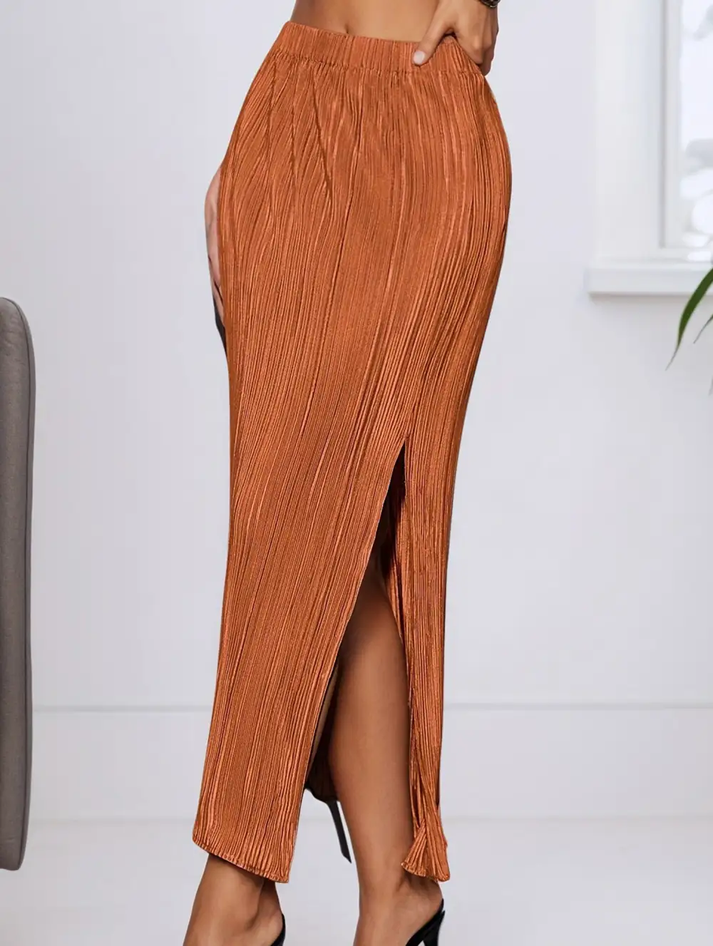 High Waist Slit Pleated Skirt