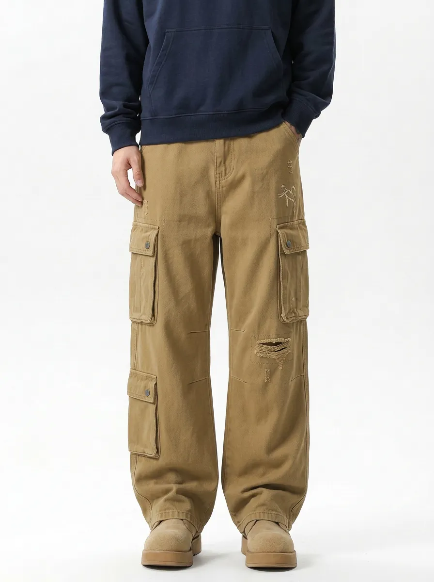 Men's Vintage Distressed Embroidered Cargo Jeans