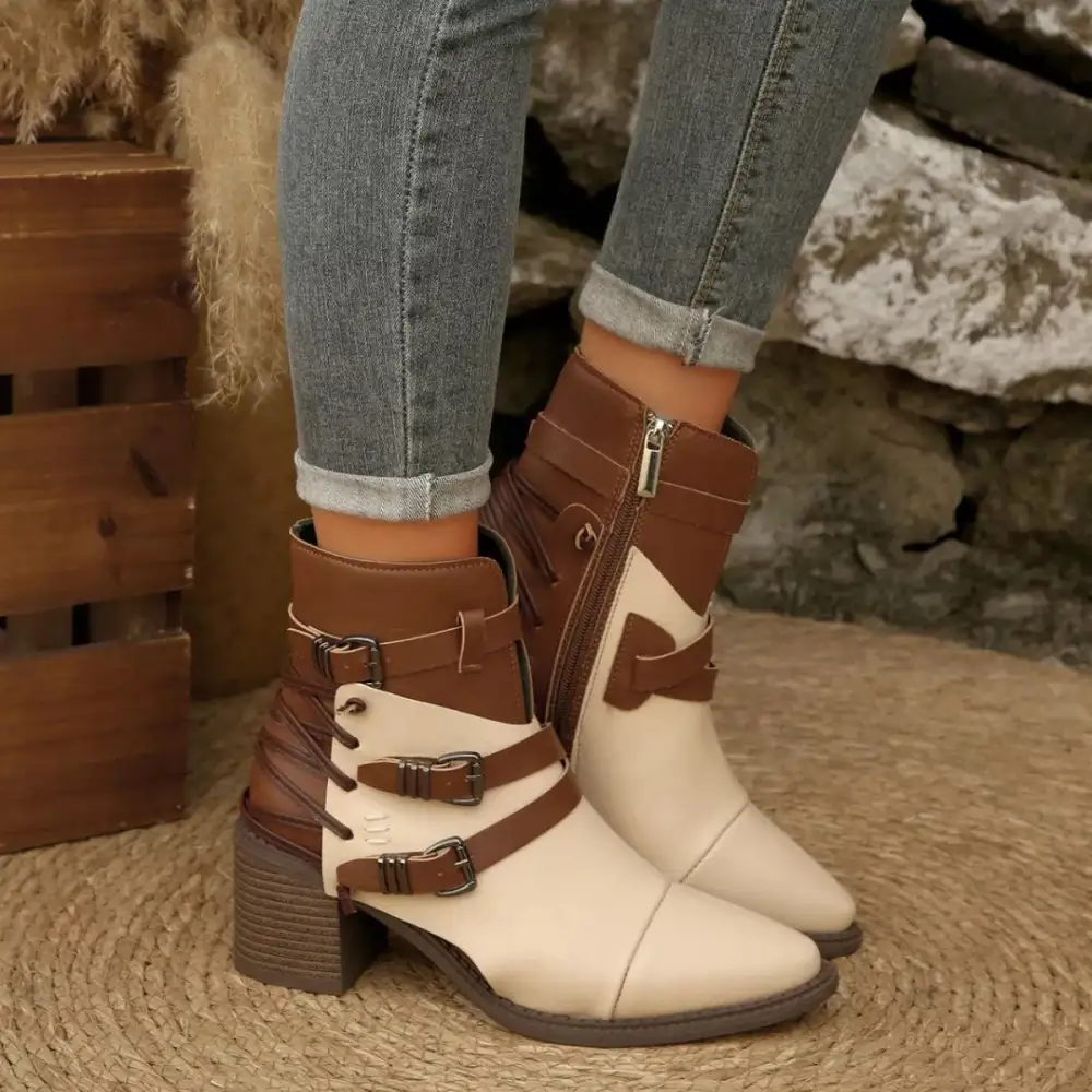 Point Toe Buckle Strap Ankle Boots with Block Heels