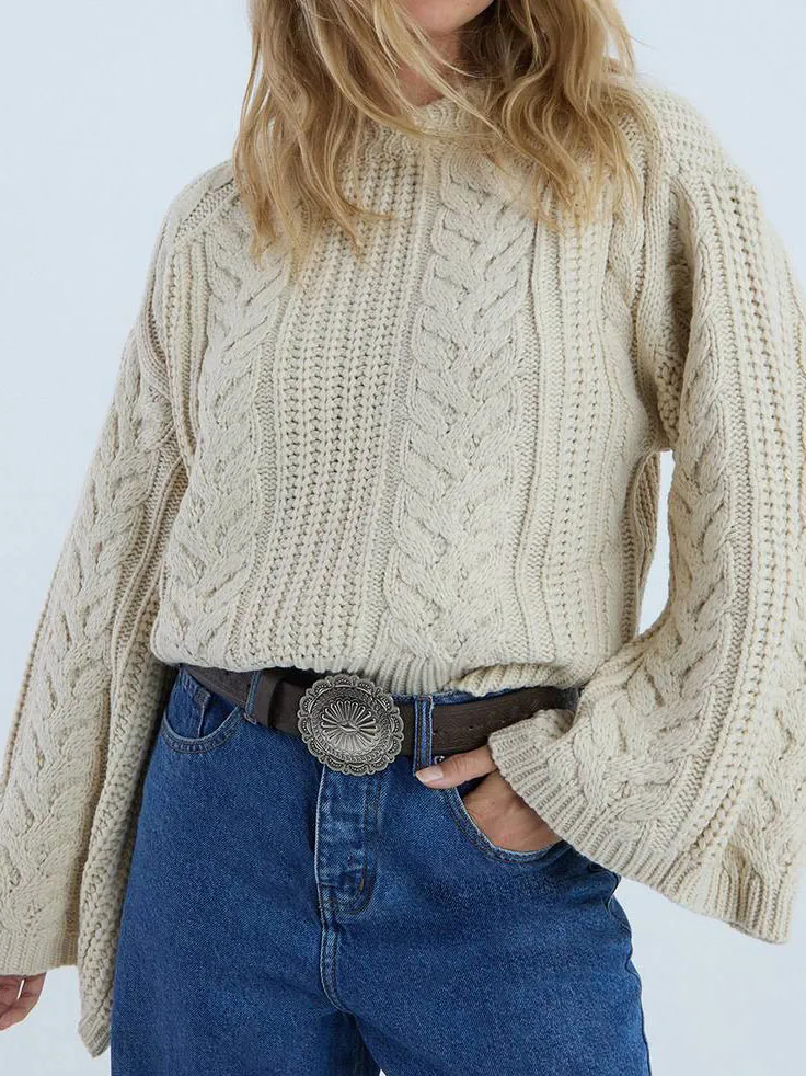Cream Beige Argyle Print Cable Knit Sweater