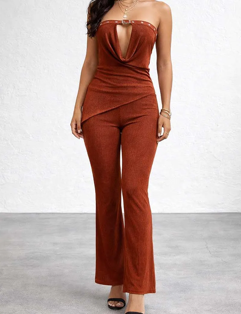 Chic Elastic Waist Flared Leg Metal Eyelet Pants