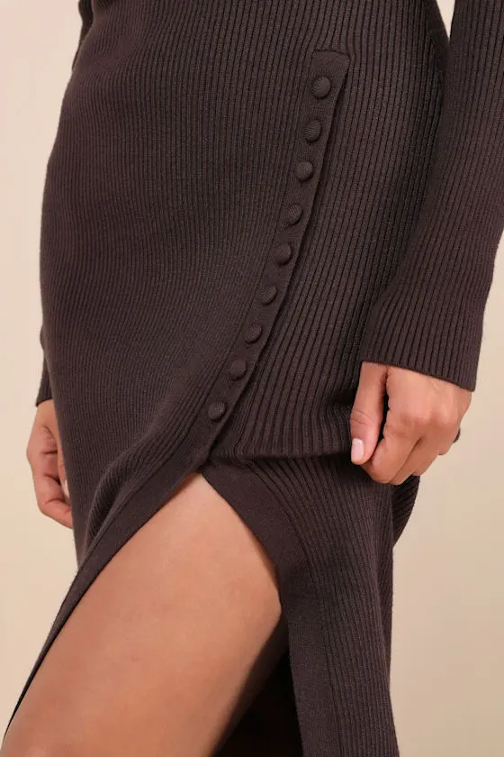 Refined Attitude Black Ribbed Side Button Midi Sweater Dress