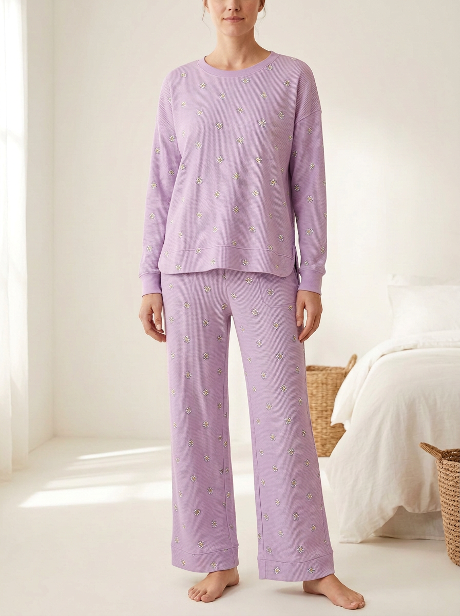 Women's Daisy Waffle-Texture Patch-Pocket Wide-Leg Lounge Set