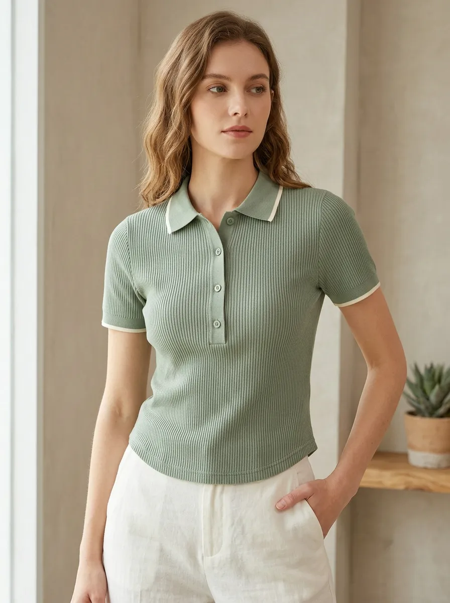 Women's Sage Green Ribbed Knit Contrast Trim Polo Shirt