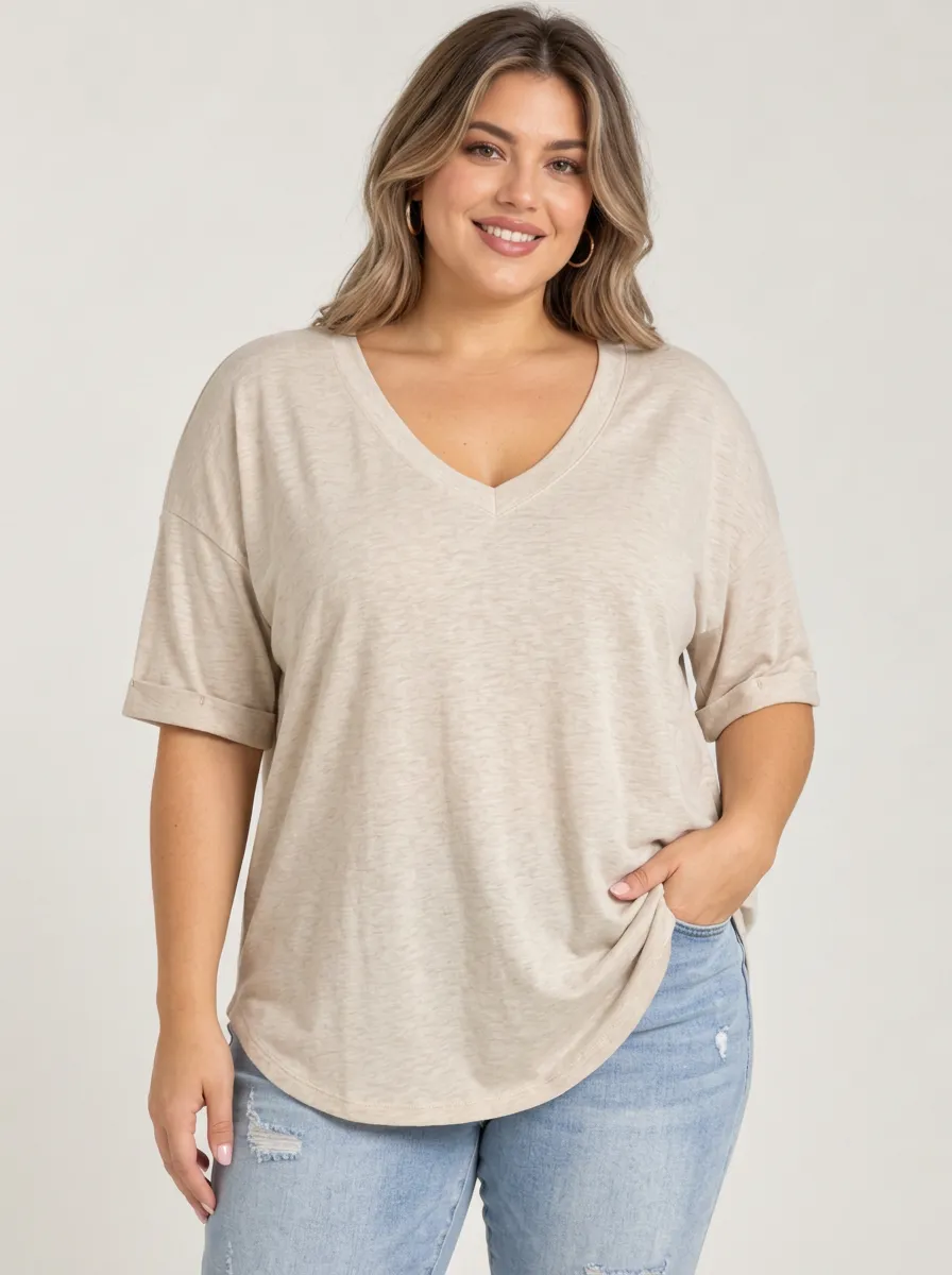 Plus Size V Neck Relaxed Fit Women's Plus Size V Neck Loose Fit Tee