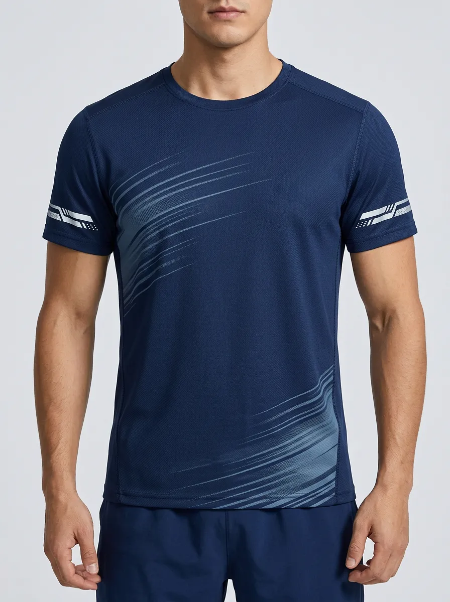 Men's Running Sports Reflective Strip Printed Quick Dry T-Shirt