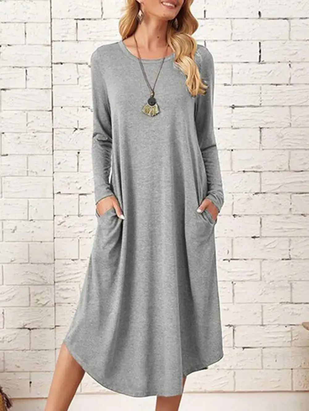 Midi-Length Round Neck Long-Sleeved Dress