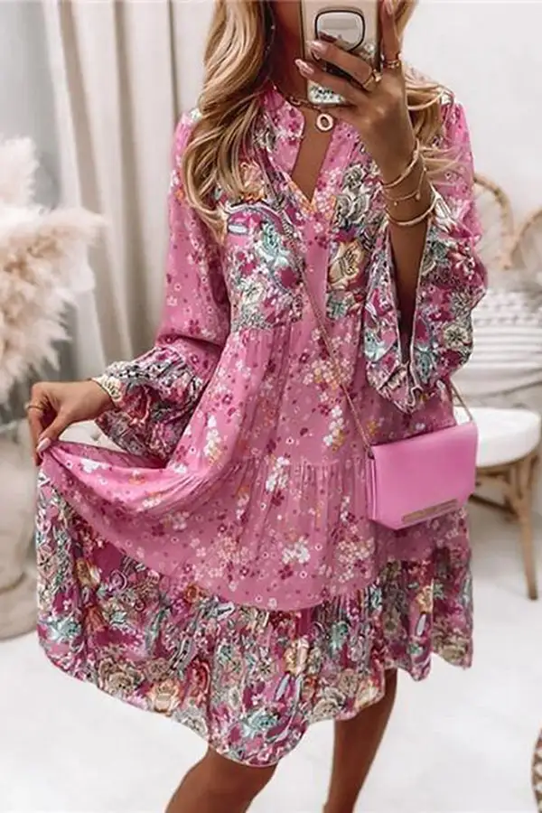 Floral-print Long-sleeve V-neck Paneled Casual Dress