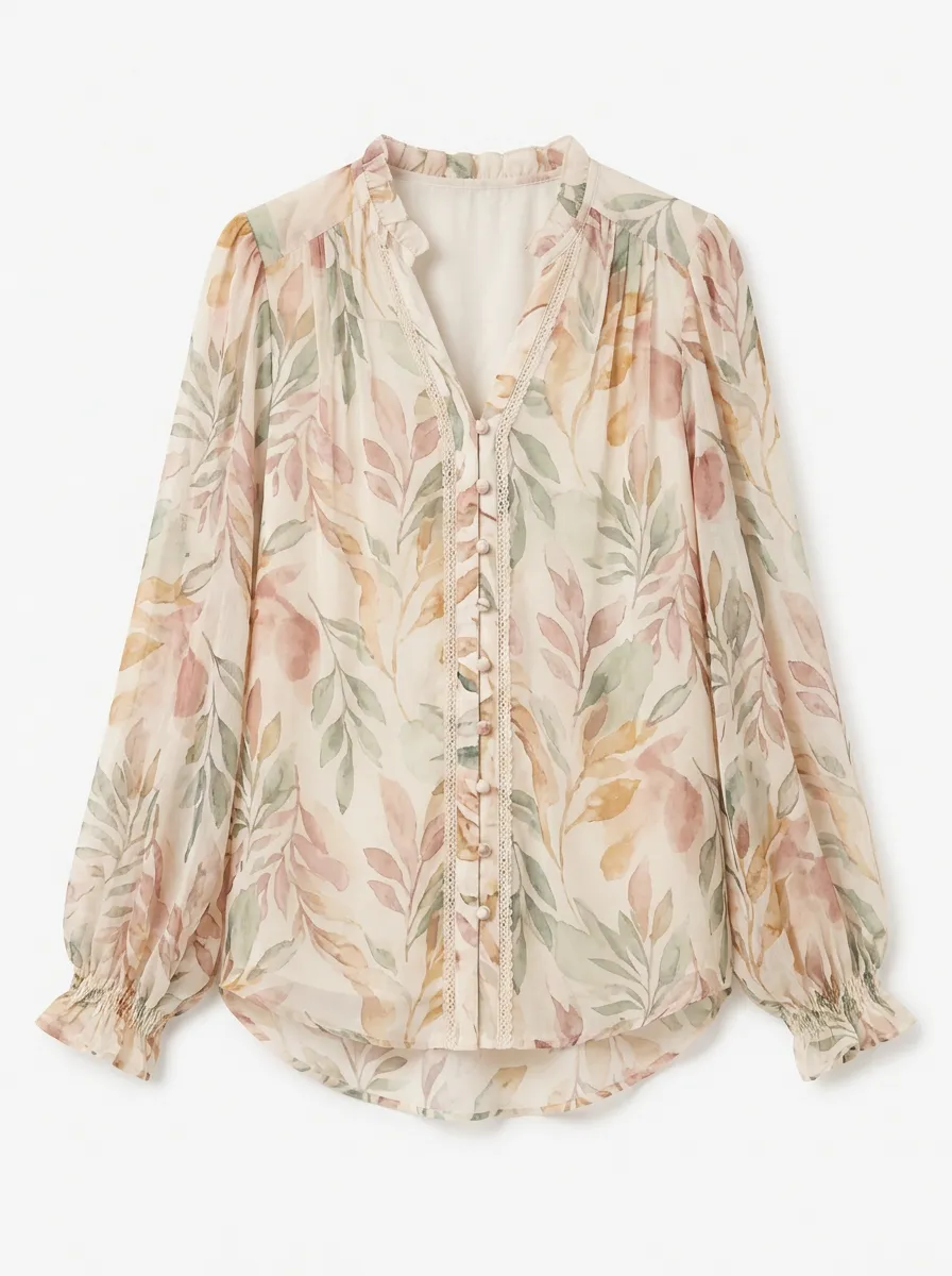 Women's Floral Watercolor Leaf Printed Chiffon Button-Down Blouse