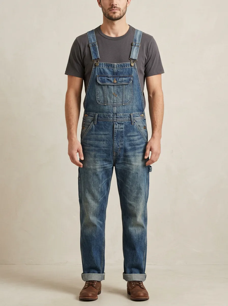 Men's Vintage Distressed Denim Washed Bib Overalls