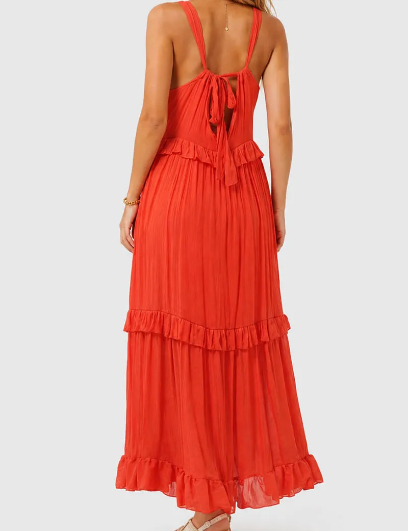 Boho Ruffle Tiered Hem Sleeveless Solid Color Maxi Dress