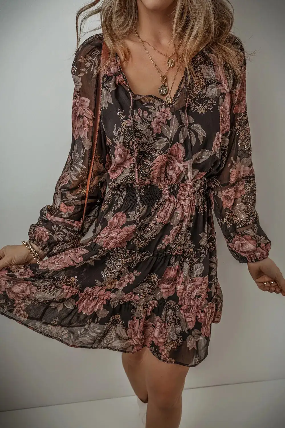Textured Detail Floral Printed Mini Dress