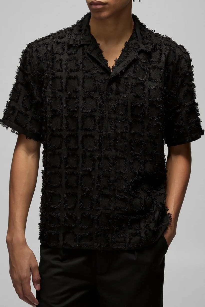 Oversized Tufted Texture Zip Up Black Shirt