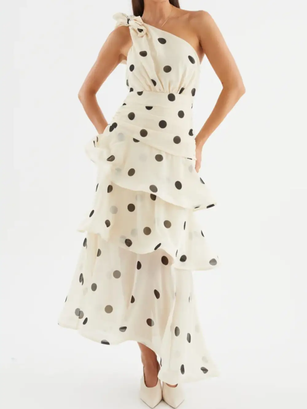 Tiered One-Shoulder Polka-Dot Casual Dress