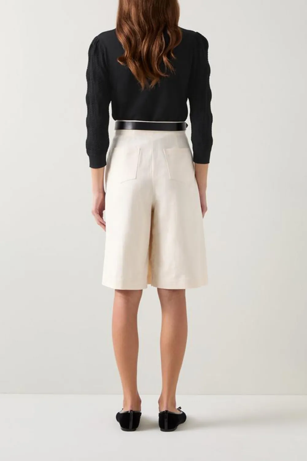 Beige Pleated Knee Length Shorts