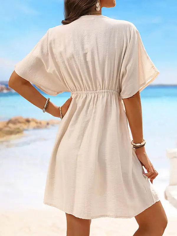 Batwing Sleeve Relaxed Elasticity See Through Split Joint V Neck Mini