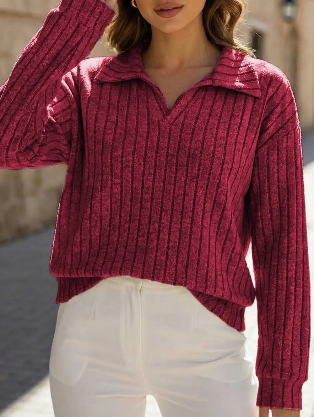 Plus Size Ribbed V-Neck Long Sleeve Tee