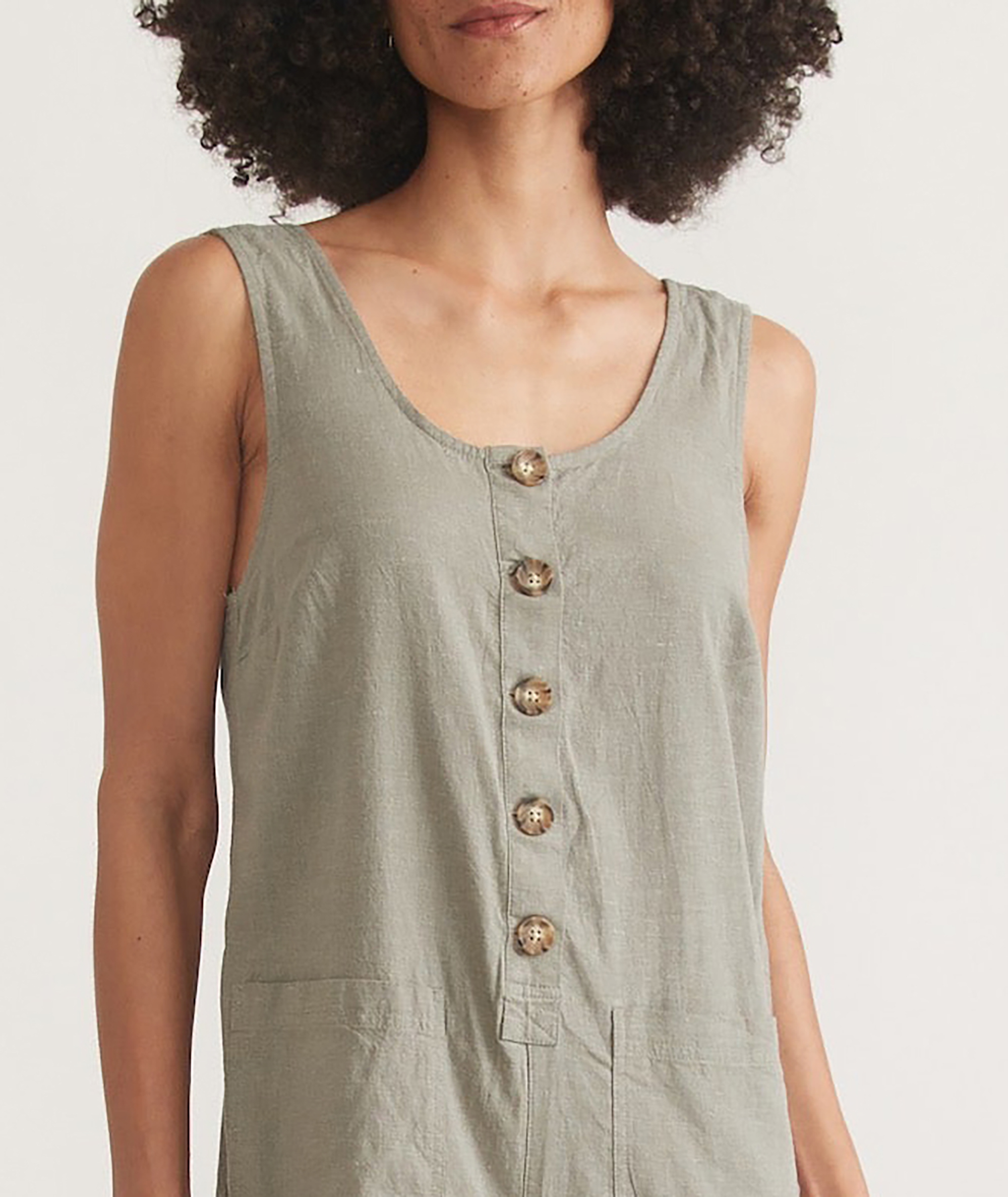 Button-Front Sleeveless Linen Jumpsuit