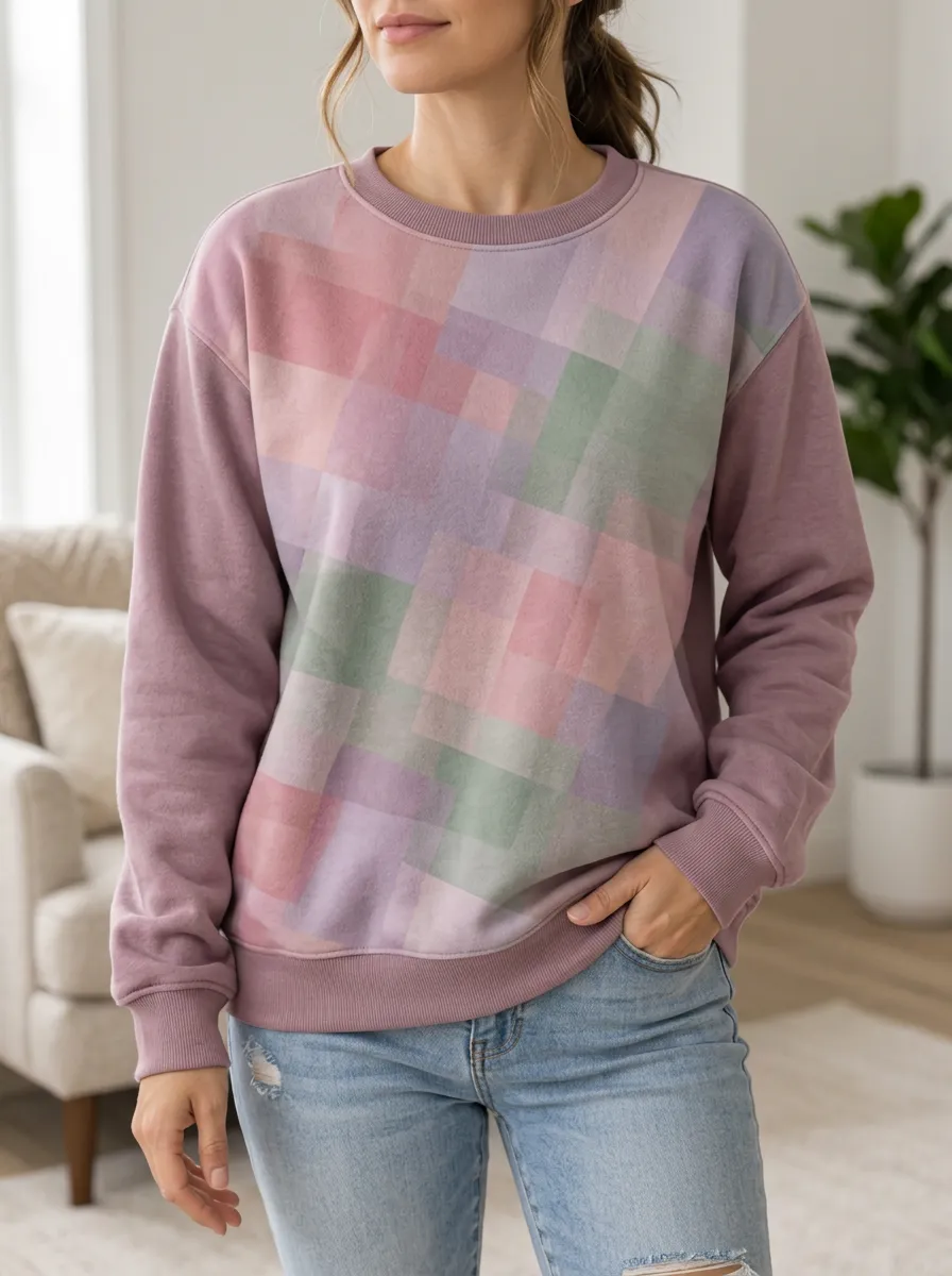 Women's Mauve Geometric Print Crewneck Sweatshirt Crew Neck