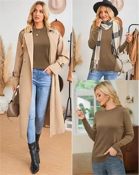 Women‘s Spring Fashion Wool Blend Sweater 2026 Long Sleeve Crew Neck Business Casual Pullover Tops Trendy Outfits