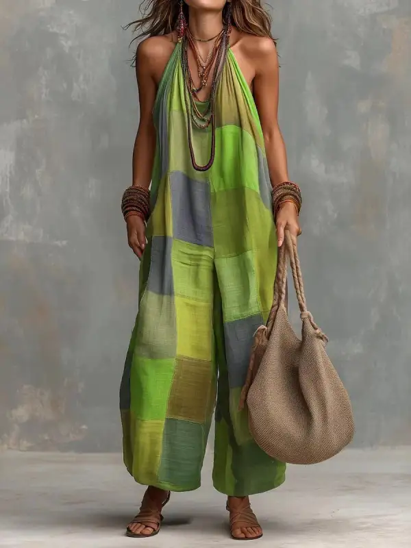 Loose Sleeveless Contrast Color Plaid Halter Neck Jumpsuits