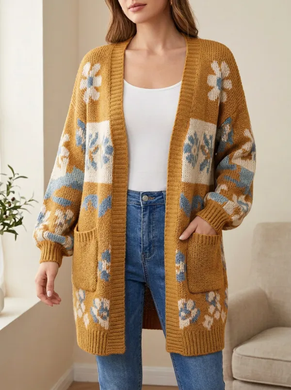 Women's Floral Pattern Knit Open- Design Clean Collarless Long Cardigan