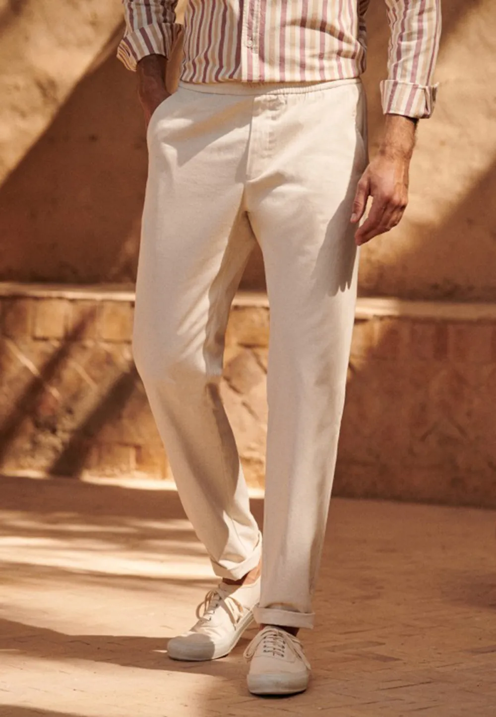 Cream Cotton Linen Blend Straight Leg Trousers