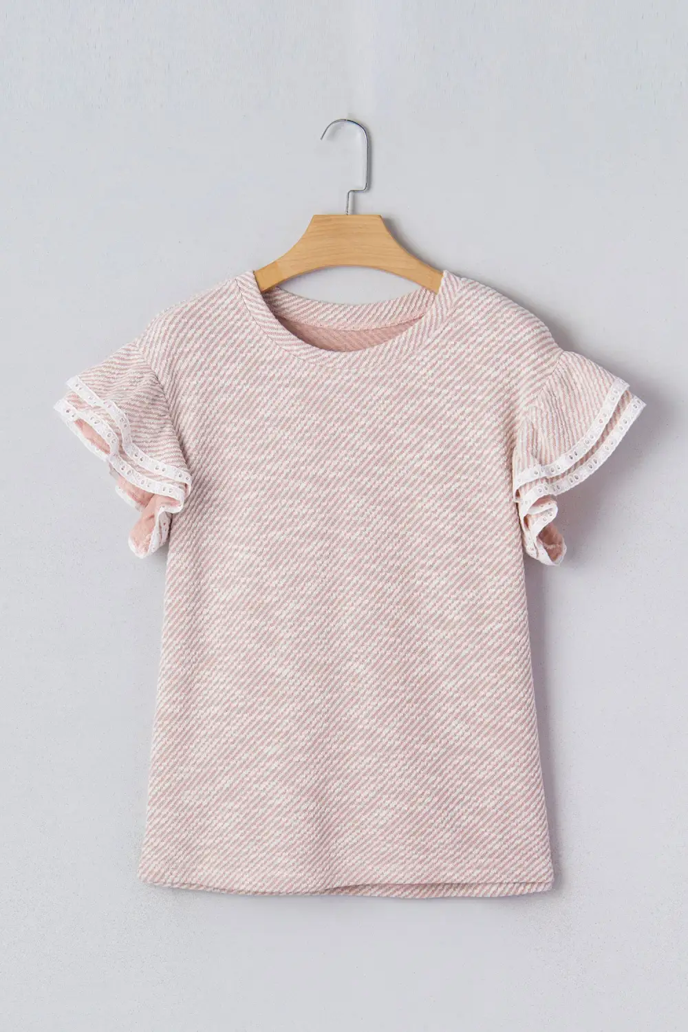 Light Pink Twilled Print Lace Trim Ruffled Short Sleeve Blouse
