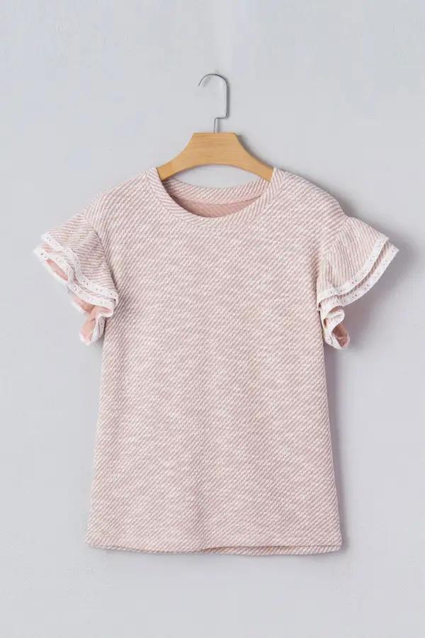 Light Pink Twilled Print Lace Trim Ruffled Short Sleeve Blouse