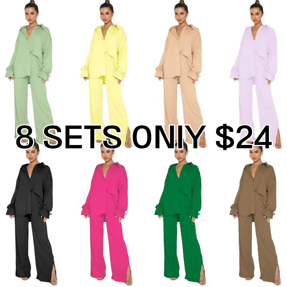 Women's Button-Front Shirt & Split-Hem Pants Set - Flounce Sleeve Top & Wide-Leg Trousers