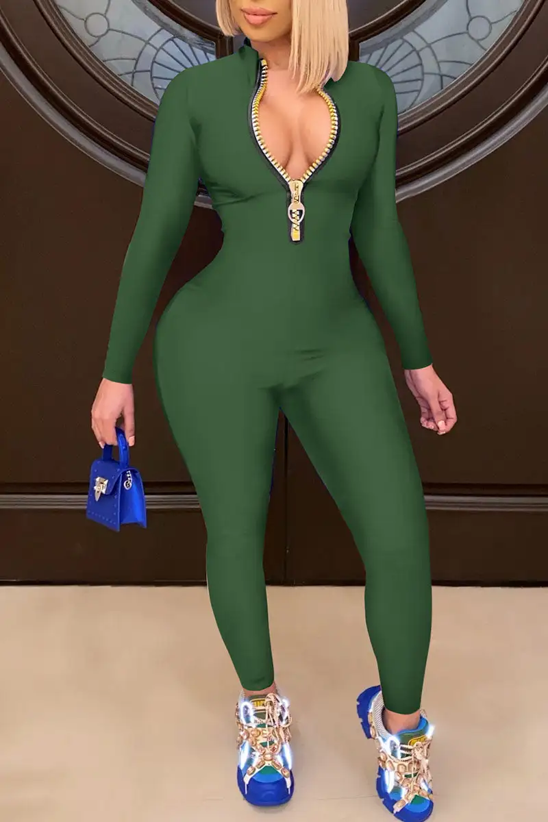 Casual Solid Split Joint Zipper Collar Skinny Jumpsuits