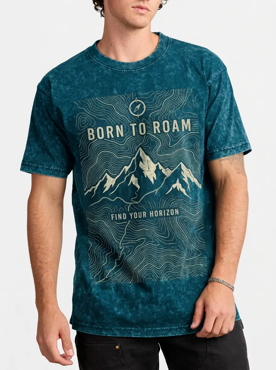 Men's Acid Wash Roaming Trail Outdoor Adventure Mountain Compass Graphic T-Shirt