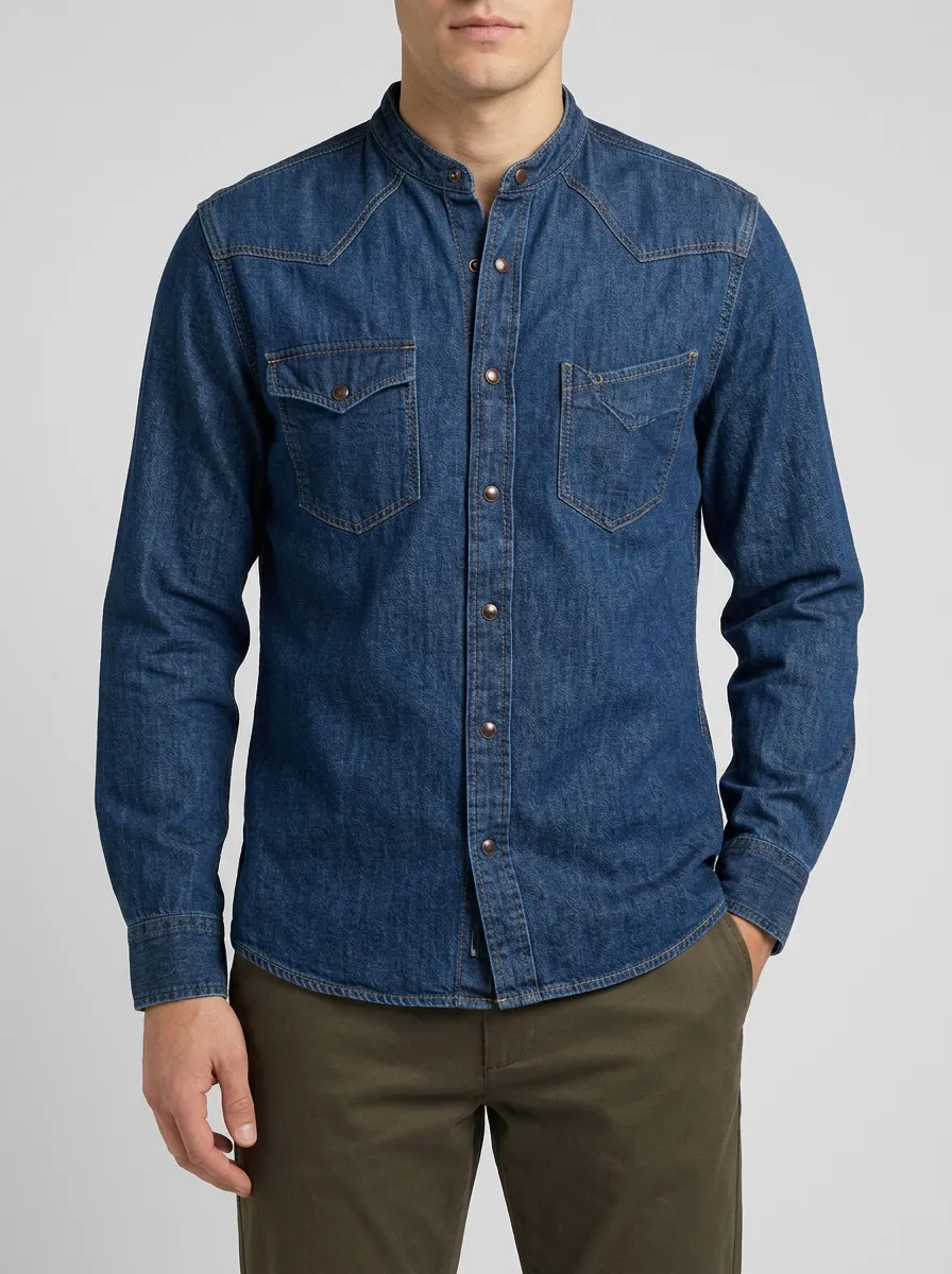 Long-Sleeve Western-Style Band Collar Denim Front-Opening Shirt