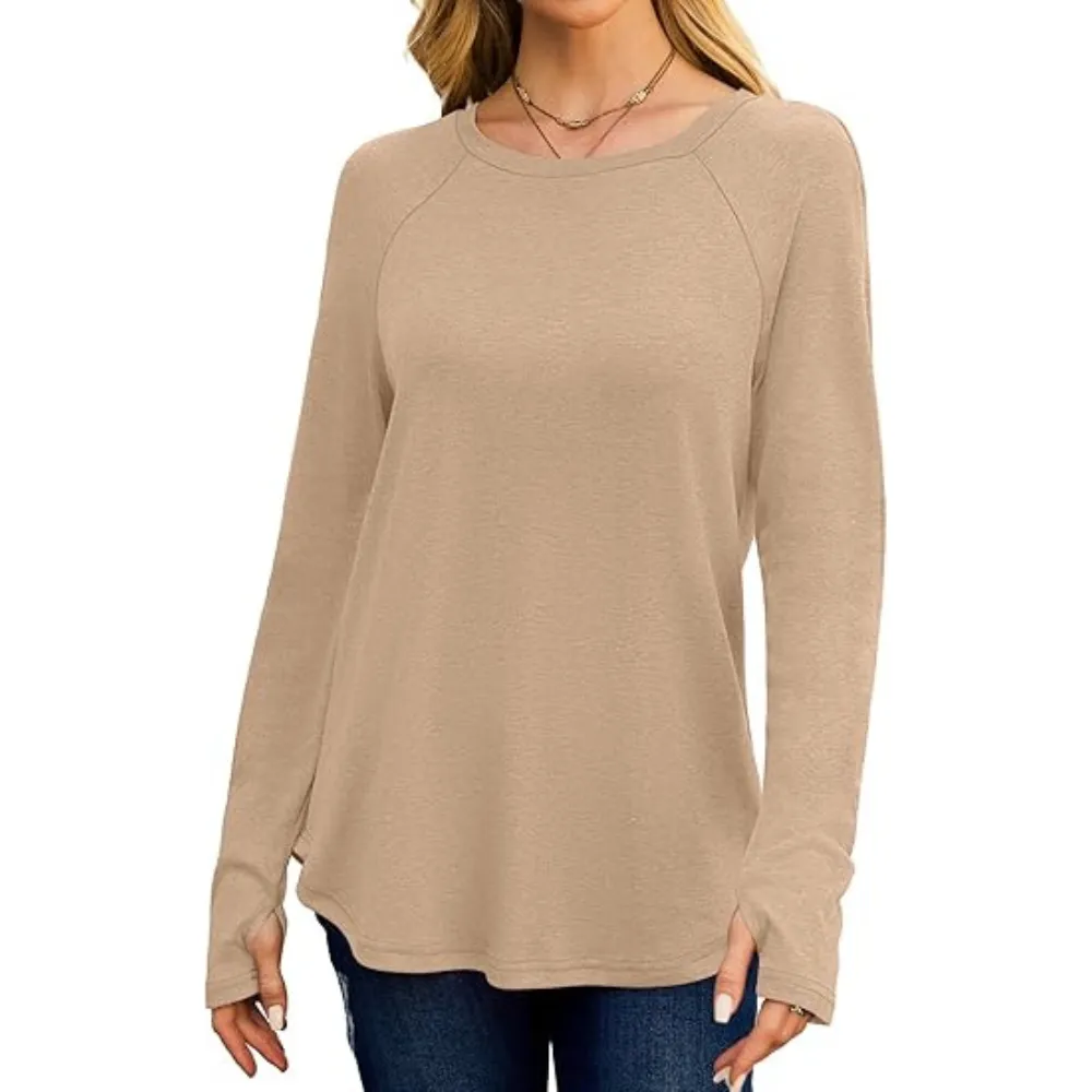 Womens Tunic Tops to Wear with Leggings Long Sleeve Thumb Hole Shirts Crew Neck Curved Hem