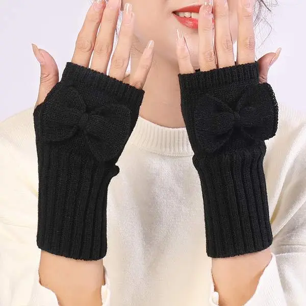 Women'S Bowknot Knitted Wool Warm Fingerless Gloves 12539938C
