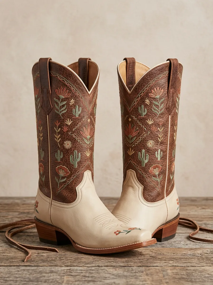 Women's Western Cowboy Cactus Desert Floral Embroidery Floral Cowgirl Boots