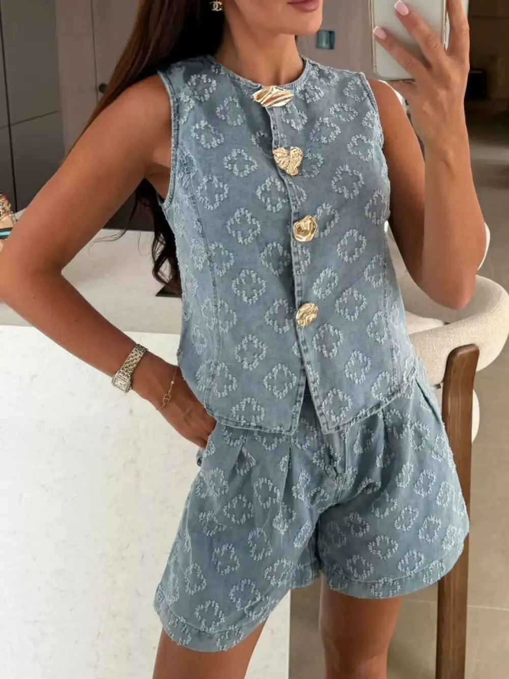 Raw-Hem Denim Embossed Vest and Shorts Matching Set