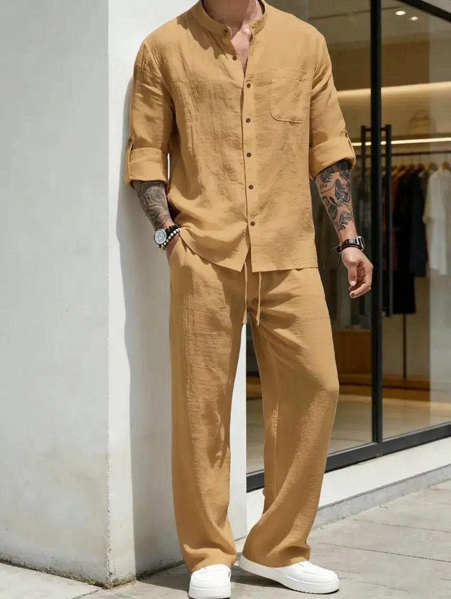 Men's Linen Stand Collar Long Sleeve Casual Suit