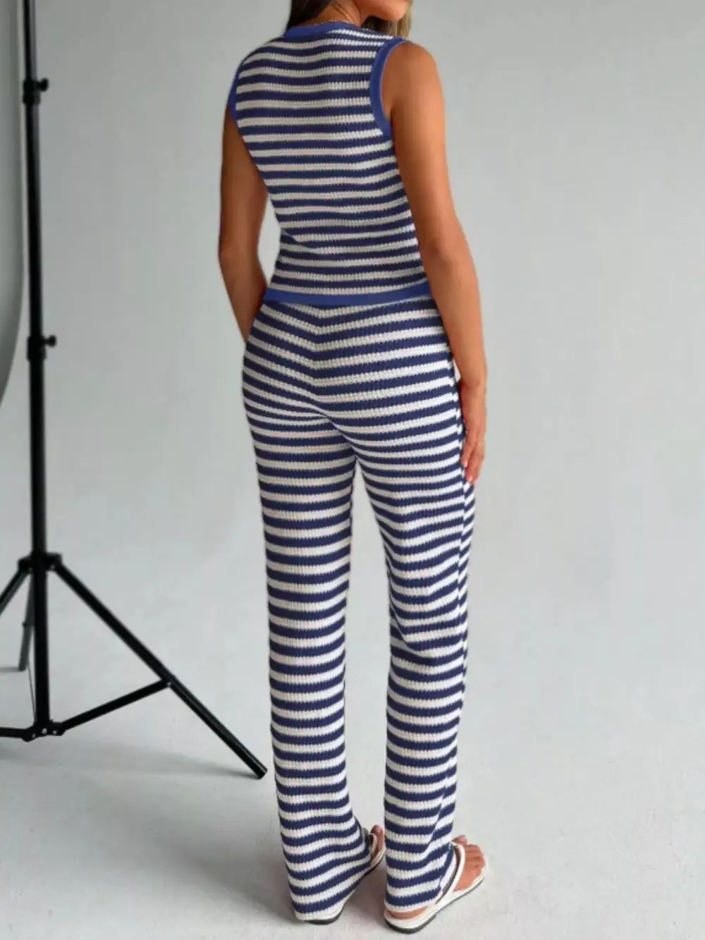 Striped Knit V Neck Button Up Sleeveless Top and Flare Pants Set