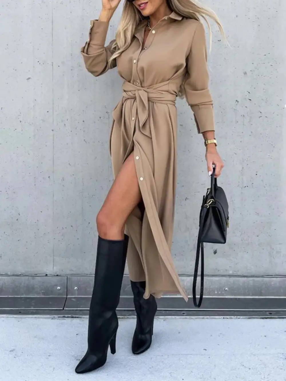 Textured Detail Button Front Long Sleeve Shirt Dress