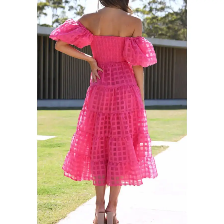 Off Shoulder Short Puff Sleeve Midi Dress
