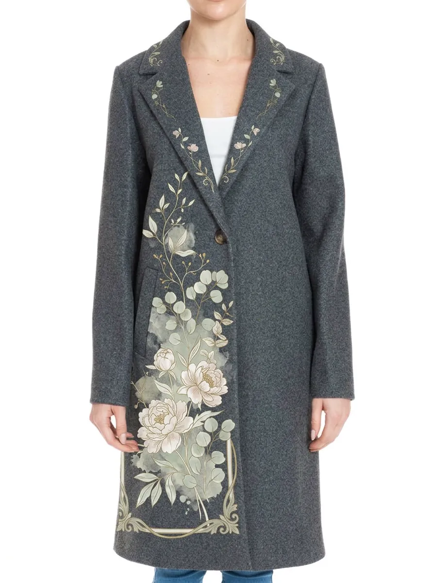 Women's Floral Art Lover Peony Botanical Printed Wool Coat